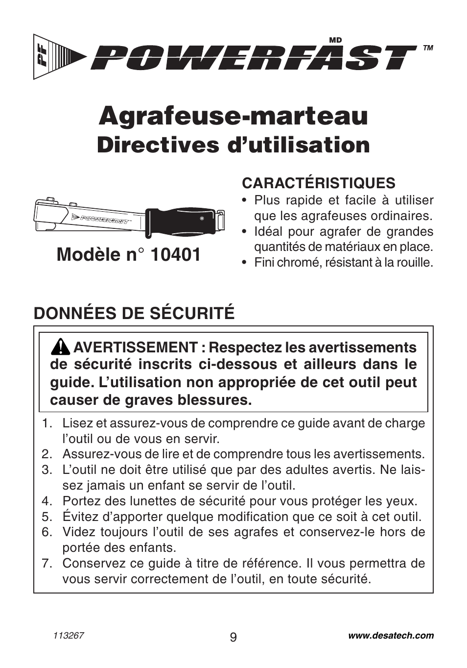 Agrafeuse-marteau, Directives d’utilisation, Données de sécurité | Desa 10401 User Manual | Page 9 / 12