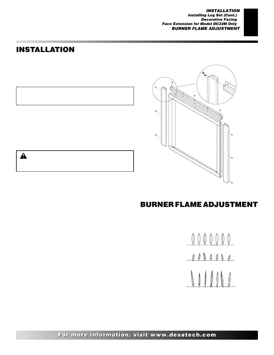 Installation, Burner flame adjustment, Continued | Desa CD42M-A User Manual | Page 11 / 22