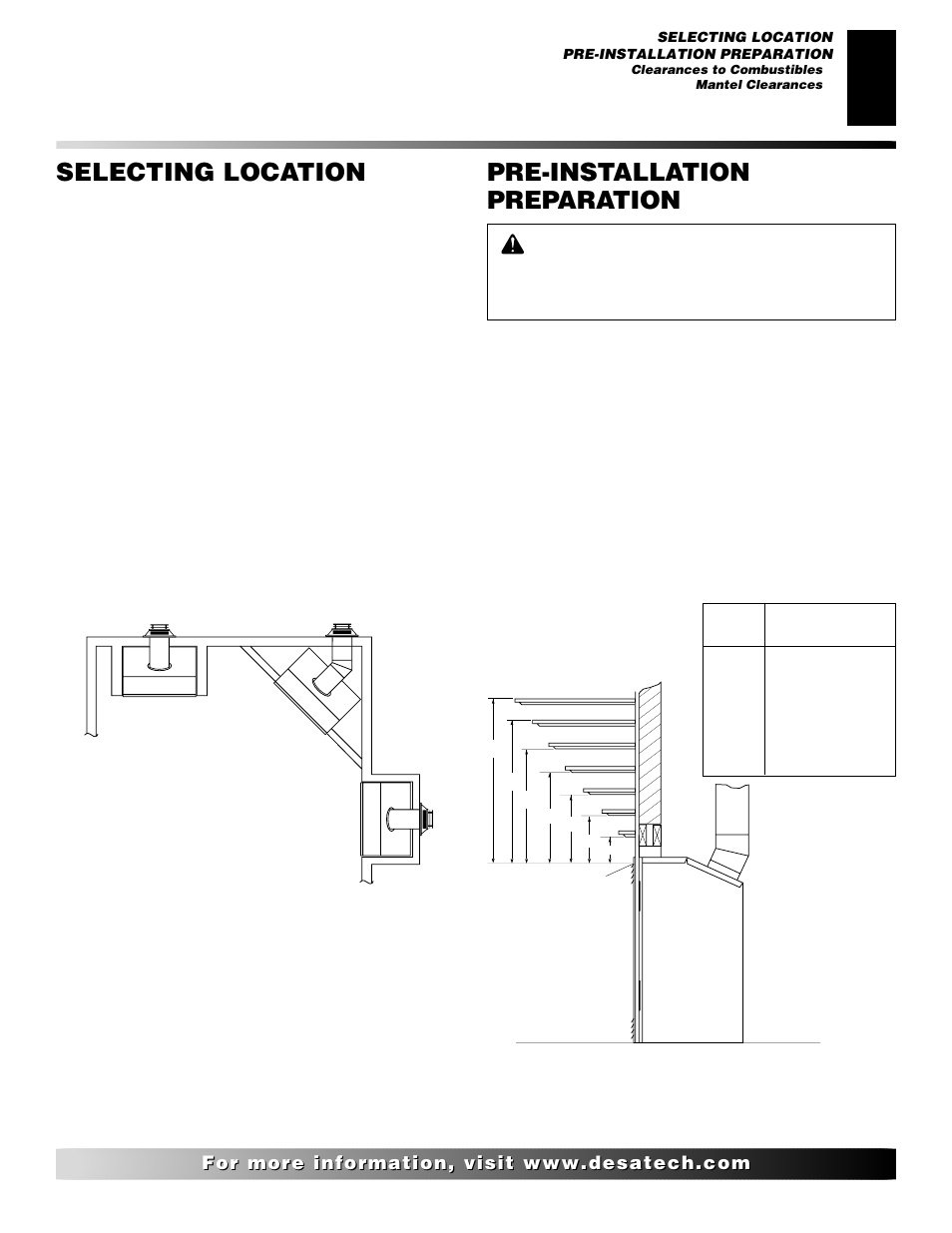 Selecting location, Pre-installation preparation, Clearances to combustibles | Mantel clearances | Desa CD42M-A User Manual | Page 3 / 22