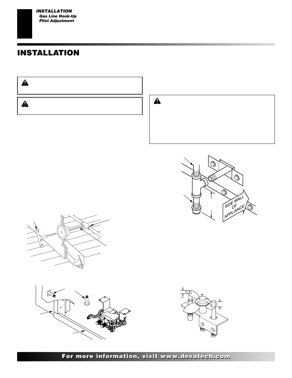 Installation, Continued, Gas line hook-up | Pilot adjustment | Desa CD42M-A User Manual | Page 8 / 22