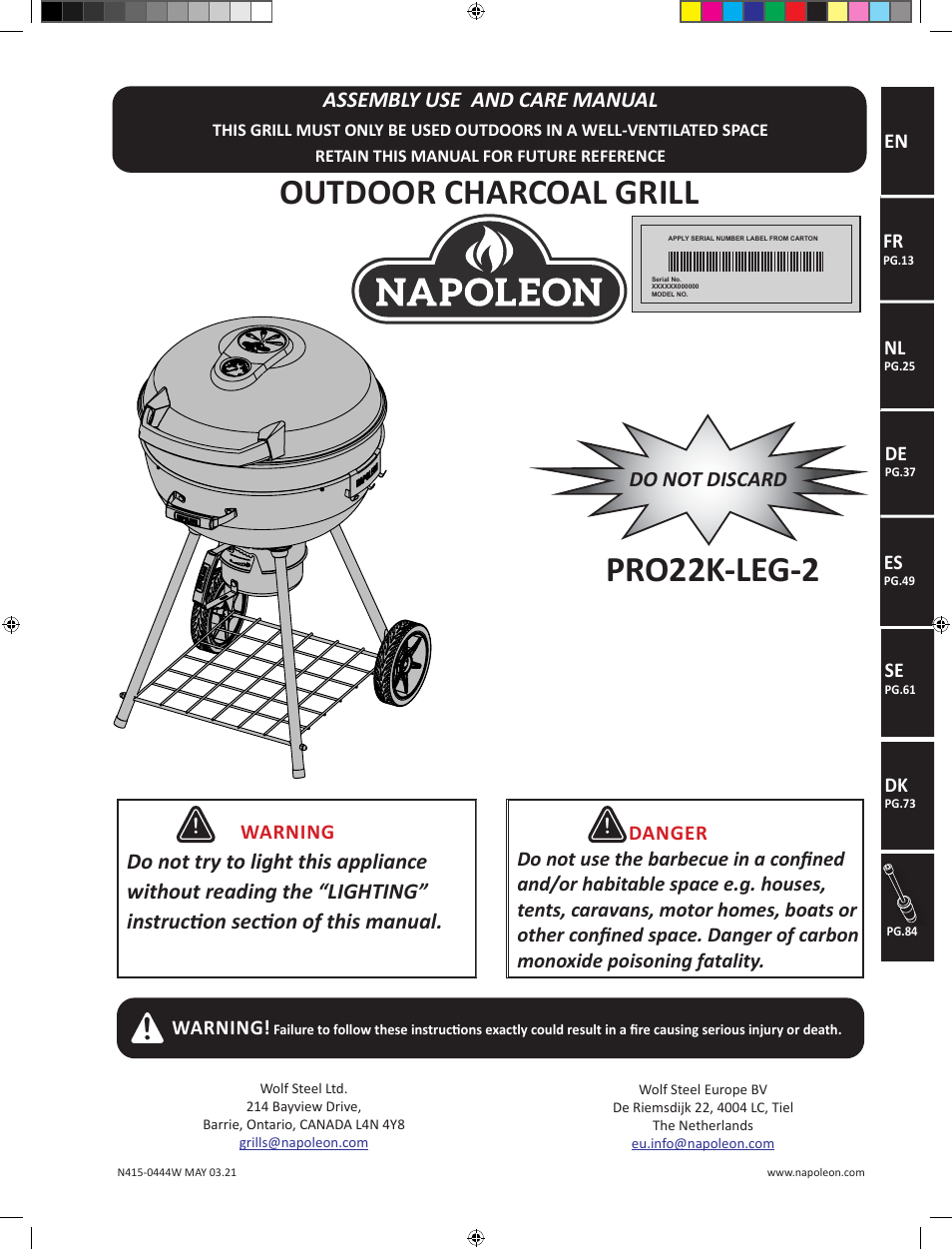 Napoleon 23 Inch Portable Charcoal Kettle Grill Owner's Manual User Manual | 100 pages