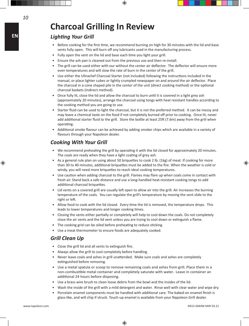 Charcoal grilling in review, Lighting your grill, Cooking with your grill | Grill clean up, 10 en | Napoleon 23 Inch Portable Charcoal Kettle Grill Owner's Manual User Manual | Page 10 / 100