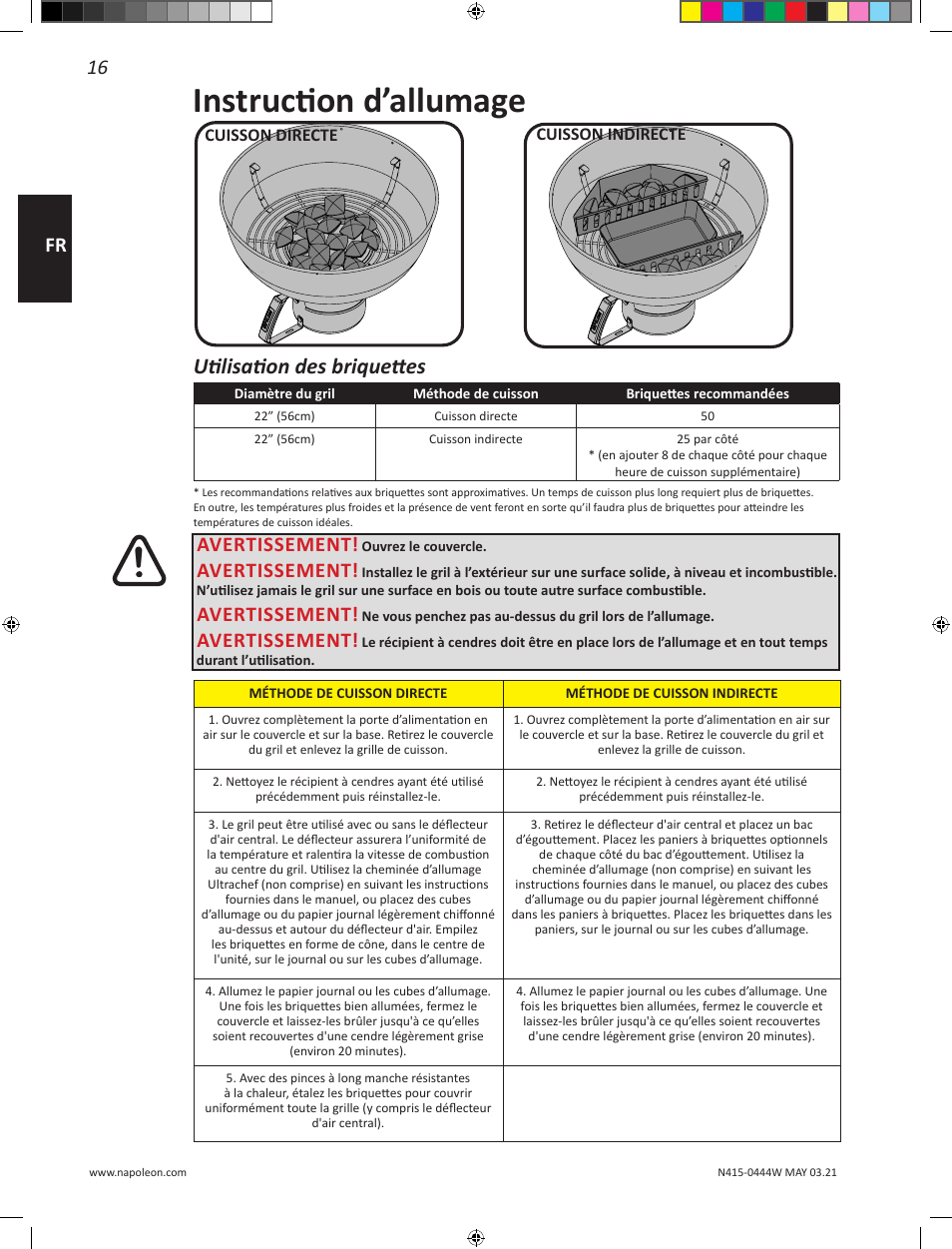 Instruction d’allumage, Utilisation des briquettes, 16 fr | Avertissement | Napoleon 23 Inch Portable Charcoal Kettle Grill Owner's Manual User Manual | Page 16 / 100