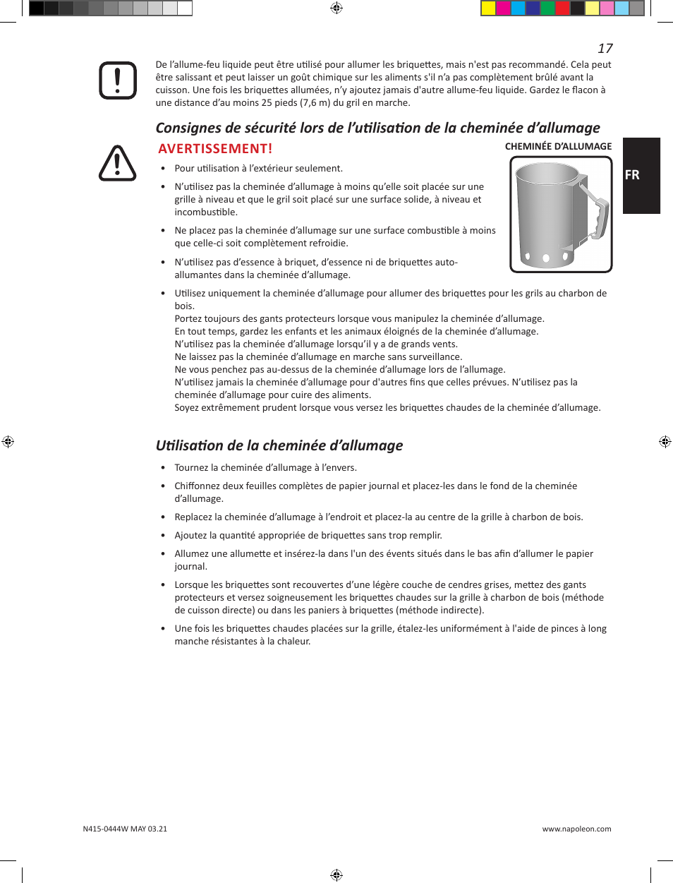 Utilisation de la cheminée d’allumage, 17 fr, Avertissement | Napoleon 23 Inch Portable Charcoal Kettle Grill Owner's Manual User Manual | Page 17 / 100