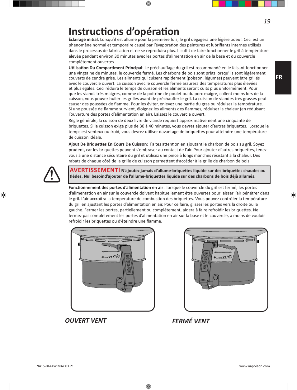 Instructions d’opération, Ouvert vent fermé vent, 19 fr | Avertissement | Napoleon 23 Inch Portable Charcoal Kettle Grill Owner's Manual User Manual | Page 19 / 100