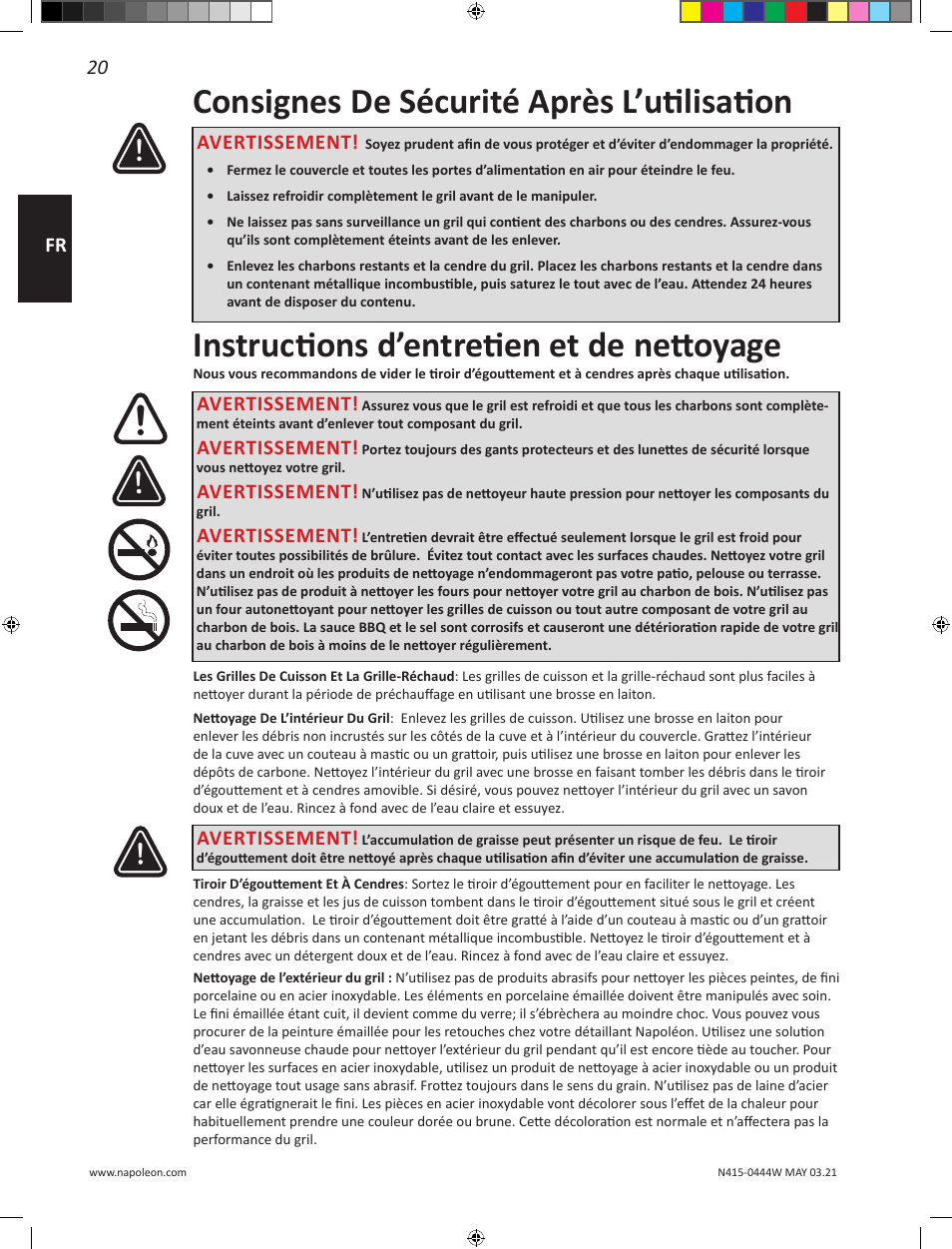 Consignes de sécurité après l’utilisation, Instructions d’entretien et de nettoyage, 20 fr | Avertissement | Napoleon 23 Inch Portable Charcoal Kettle Grill Owner's Manual User Manual | Page 20 / 100