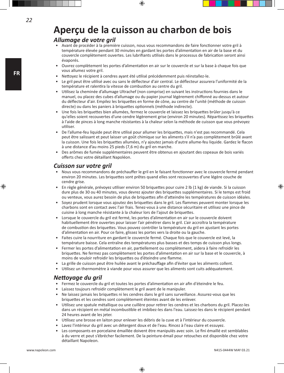 Aperçu de la cuisson au charbon de bois, Allumage de votre gril, Cuisson sur votre gril | Nettoyage du gril, 22 fr | Napoleon 23 Inch Portable Charcoal Kettle Grill Owner's Manual User Manual | Page 22 / 100