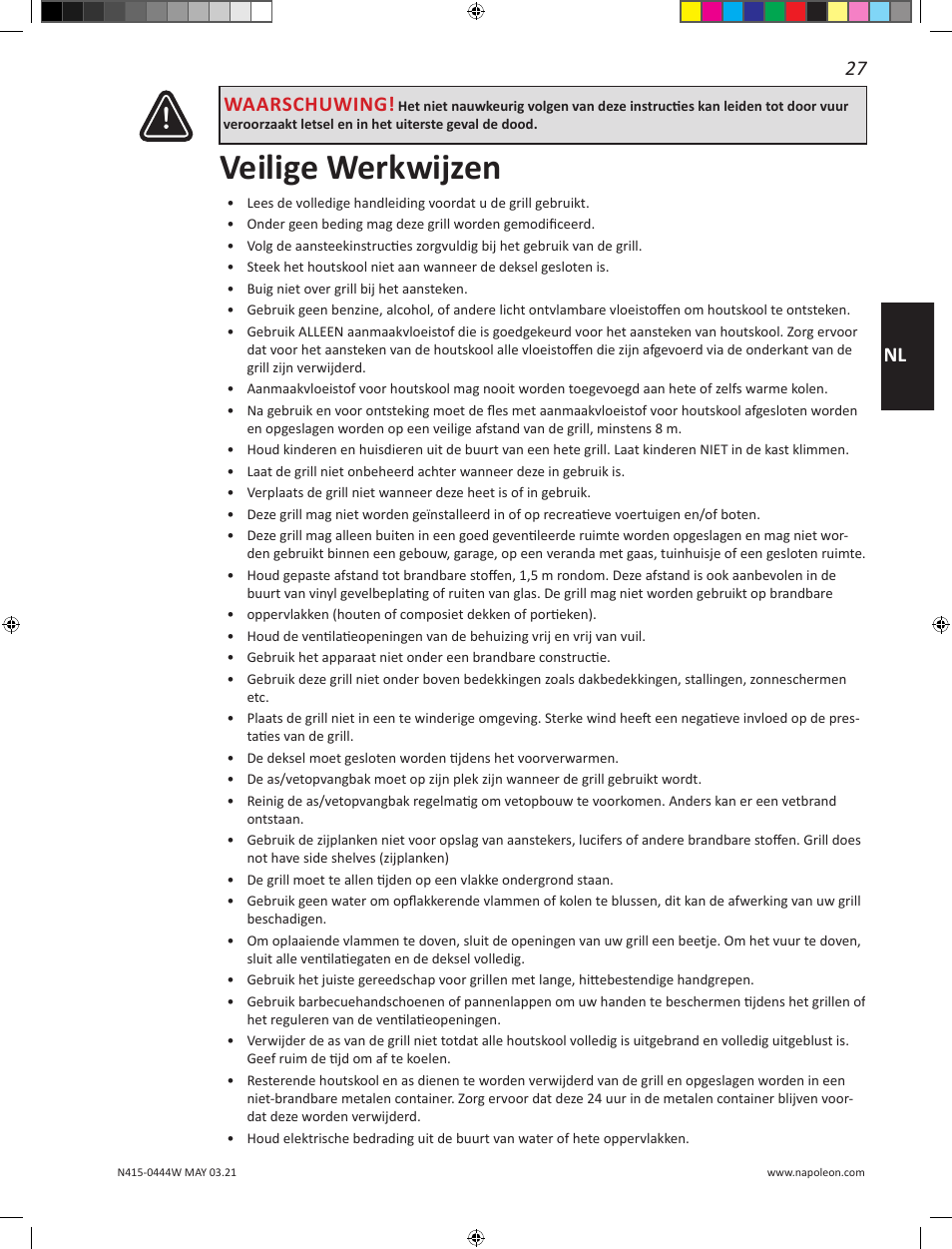 Veilige werkwijzen, 27 nl, Waarschuwing | Napoleon 23 Inch Portable Charcoal Kettle Grill Owner's Manual User Manual | Page 27 / 100