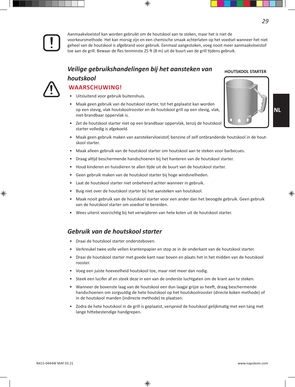 Gebruik van de houtskool starter, 29 nl, Waarschuwing | Napoleon 23 Inch Portable Charcoal Kettle Grill Owner's Manual User Manual | Page 29 / 100