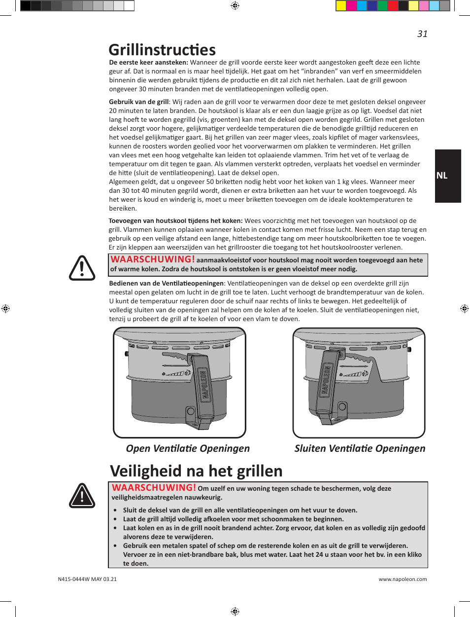 Grillinstructies, Veiligheid na het grillen, 31 nl | Waarschuwing | Napoleon 23 Inch Portable Charcoal Kettle Grill Owner's Manual User Manual | Page 31 / 100