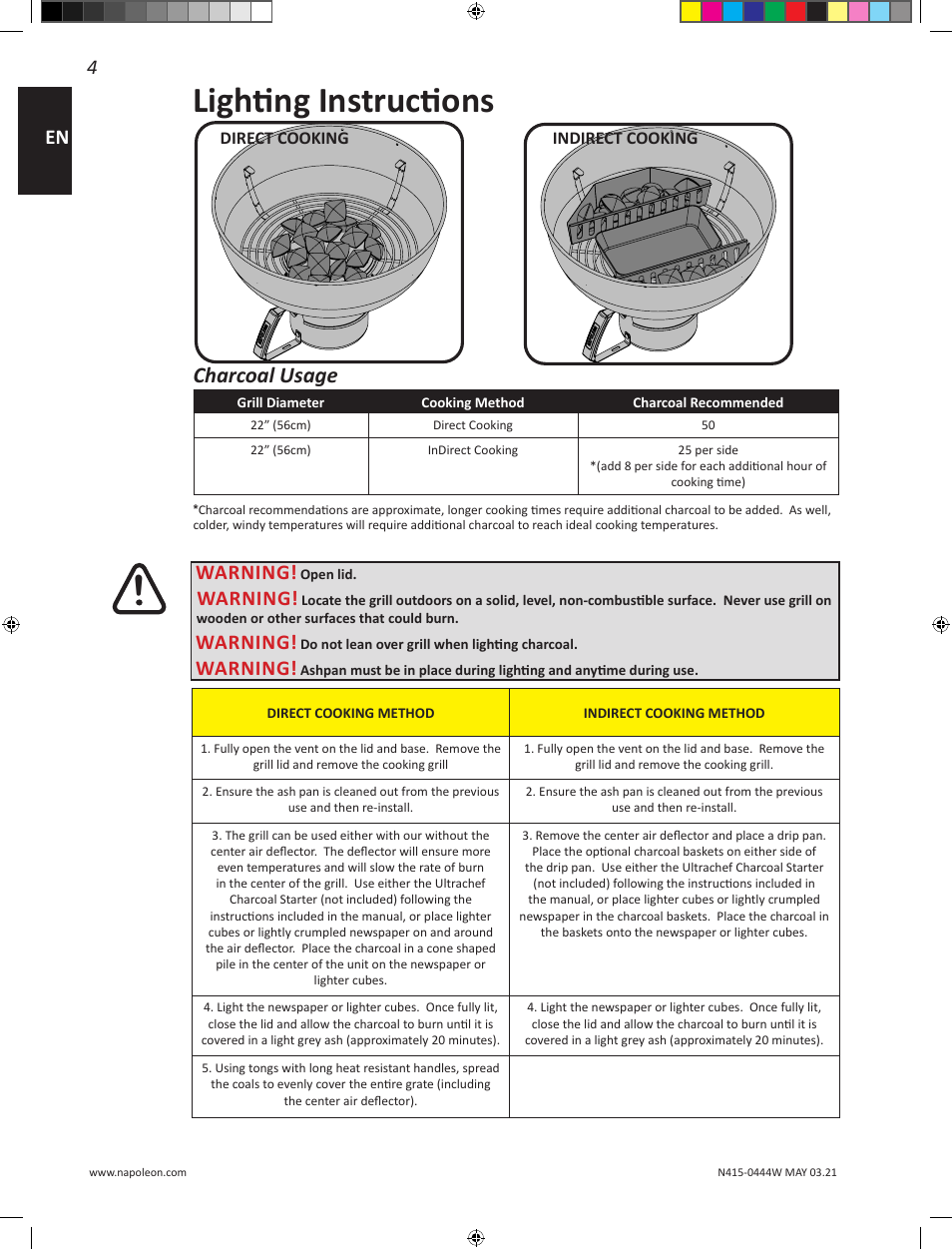 Lighting instructions, Charcoal usage, Warning | Napoleon 23 Inch Portable Charcoal Kettle Grill Owner's Manual User Manual | Page 4 / 100