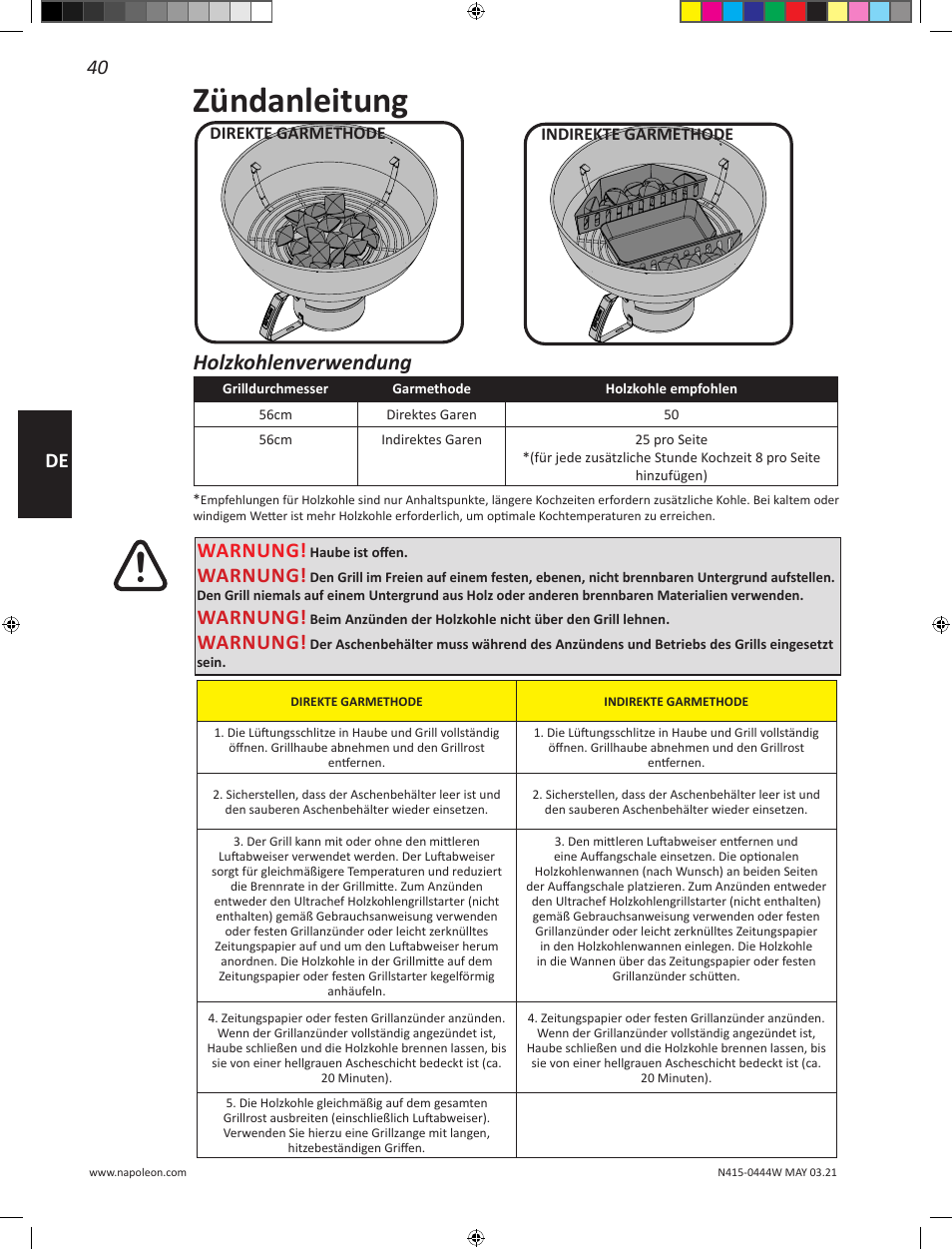 Zündanleitung, Holzkohlenverwendung, 40 de | Warnung | Napoleon 23 Inch Portable Charcoal Kettle Grill Owner's Manual User Manual | Page 40 / 100