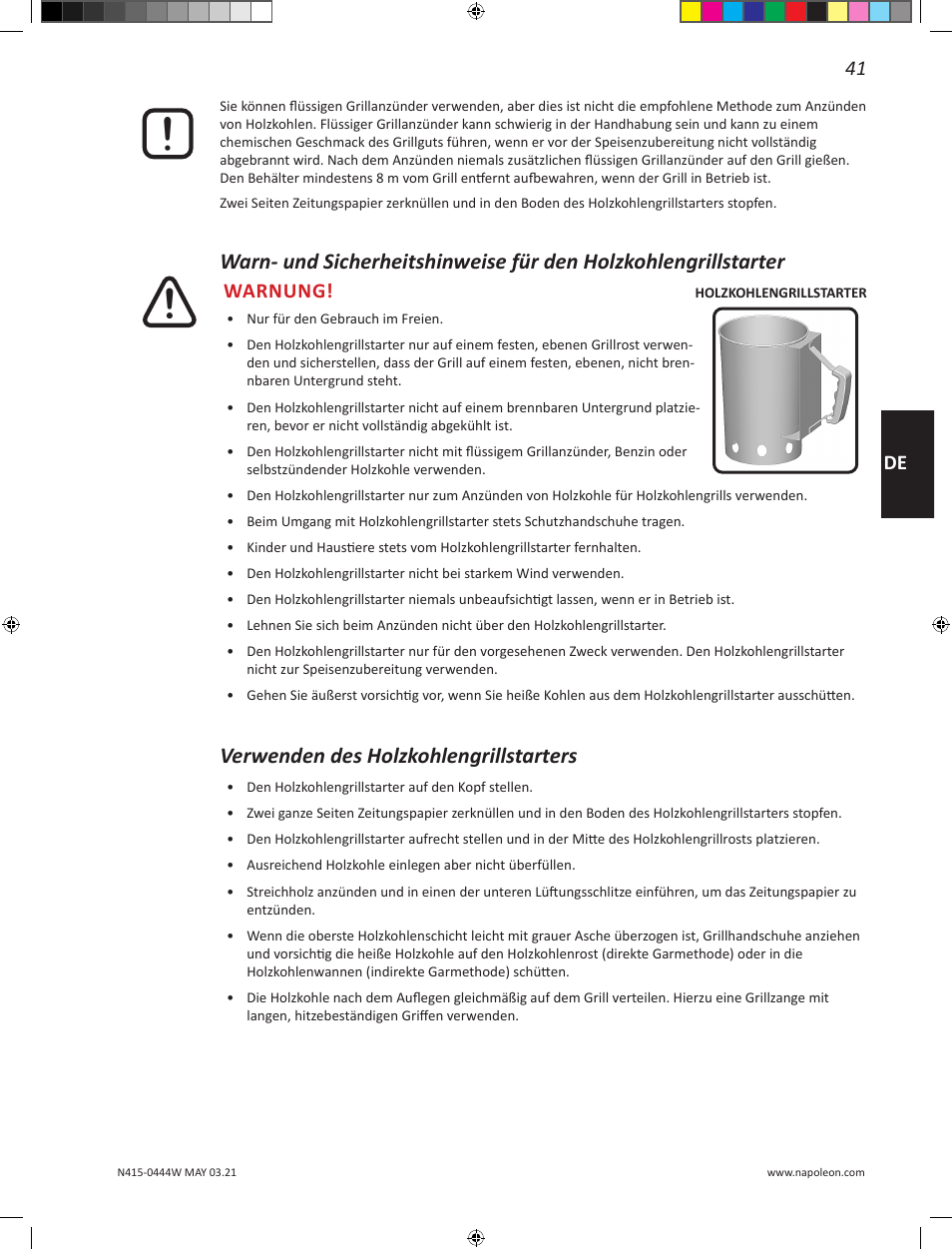 Verwenden des holzkohlengrillstarters, 41 de, Warnung | Napoleon 23 Inch Portable Charcoal Kettle Grill Owner's Manual User Manual | Page 41 / 100