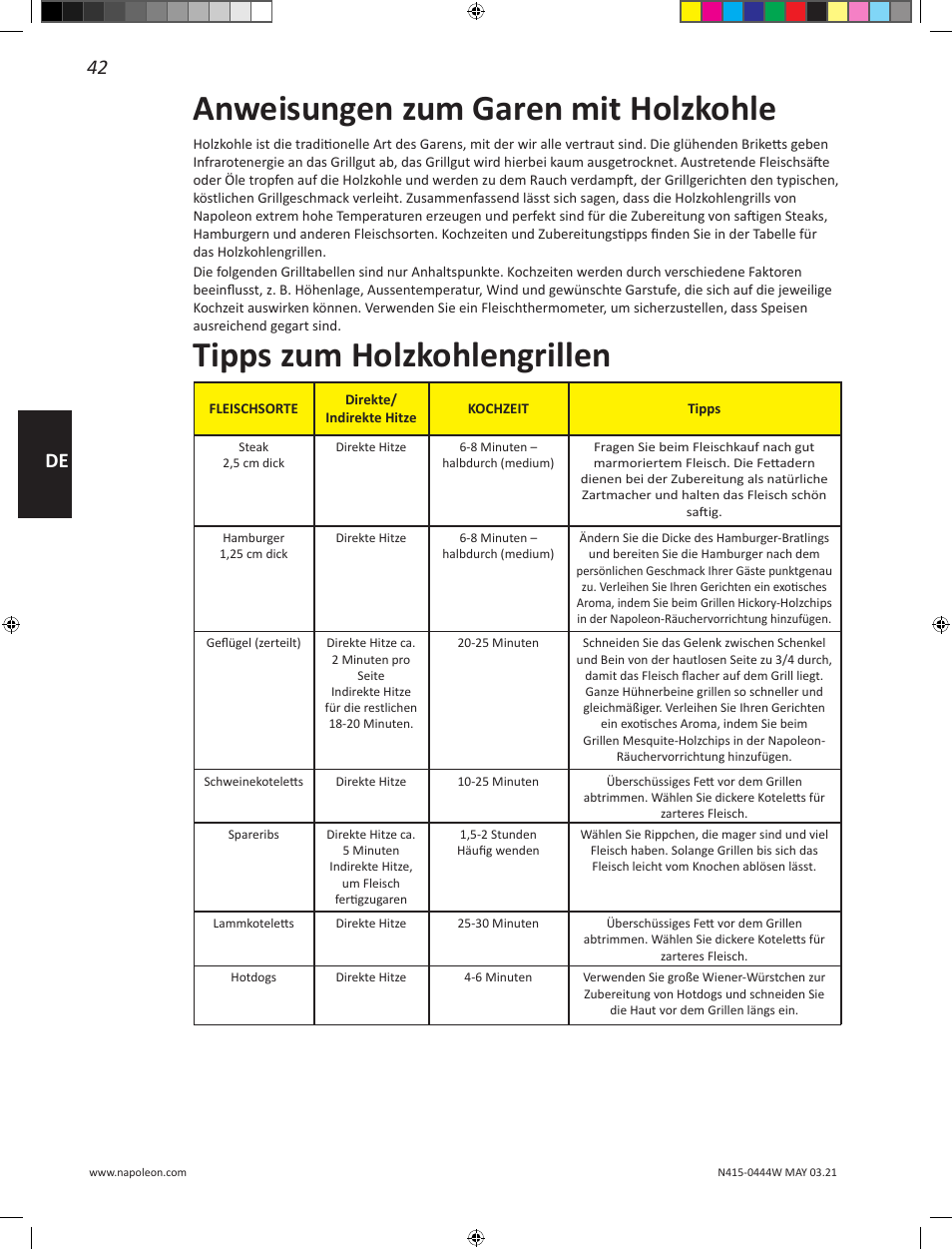 Anweisungen zum garen mit holzkohle, Tipps zum holzkohlengrillen, 42 de | Napoleon 23 Inch Portable Charcoal Kettle Grill Owner's Manual User Manual | Page 42 / 100