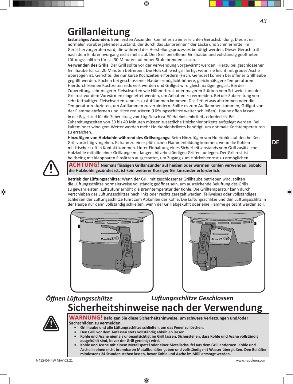 Grillanleitung, Sicherheitshinweise nach der verwendung, 43 de | Achtung, Warnung | Napoleon 23 Inch Portable Charcoal Kettle Grill Owner's Manual User Manual | Page 43 / 100