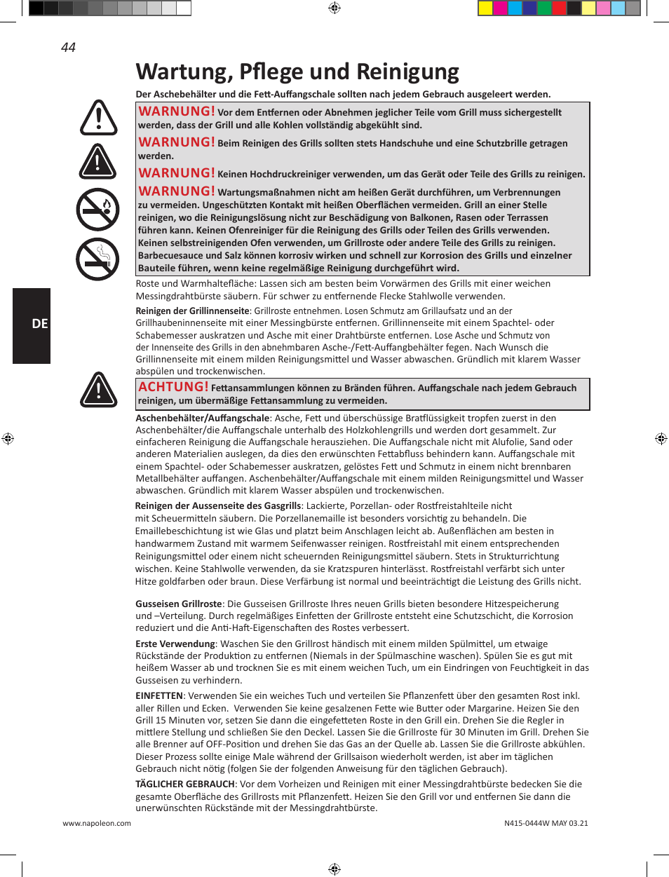Wartung, pflege und reinigung, 44 de, Warnung | Achtung | Napoleon 23 Inch Portable Charcoal Kettle Grill Owner's Manual User Manual | Page 44 / 100