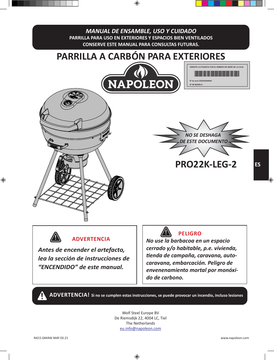 Parrilla a carbón para exteriores, Pro22k-leg-2 | Napoleon 23 Inch Portable Charcoal Kettle Grill Owner's Manual User Manual | Page 49 / 100