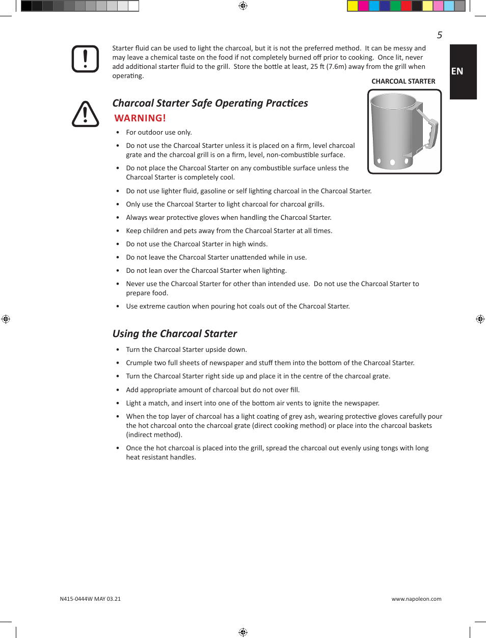 Charcoal starter safe operating practices, Using the charcoal starter, Warning | Napoleon 23 Inch Portable Charcoal Kettle Grill Owner's Manual User Manual | Page 5 / 100
