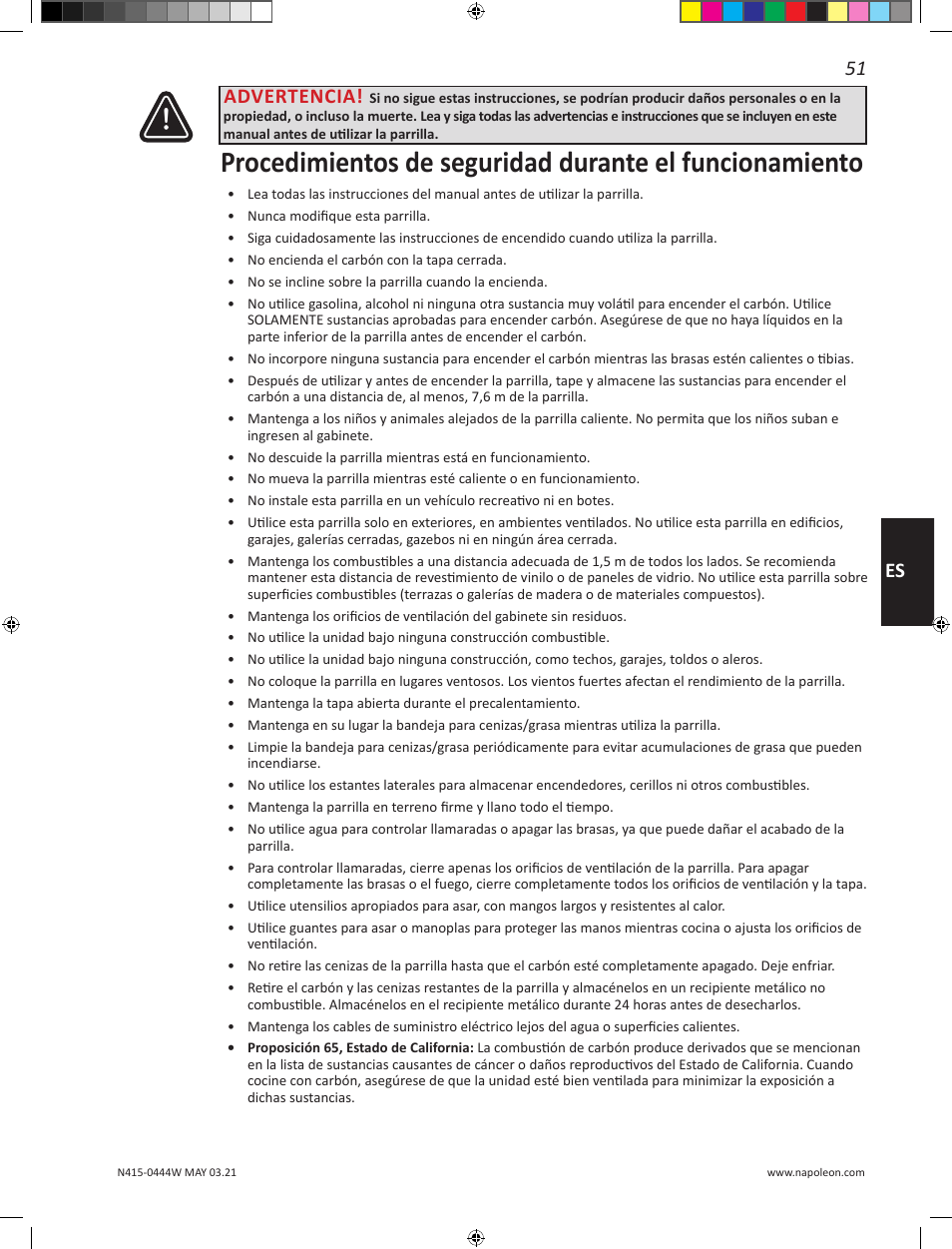 51 es, Advertencia | Napoleon 23 Inch Portable Charcoal Kettle Grill Owner's Manual User Manual | Page 51 / 100