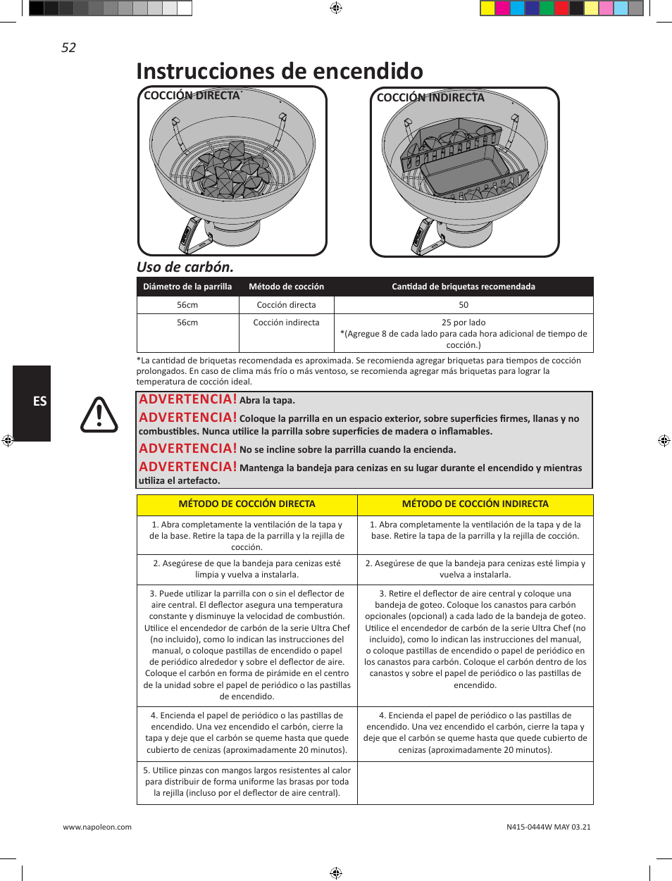 Instrucciones de encendido, Uso de carbón, 52 es | Advertencia | Napoleon 23 Inch Portable Charcoal Kettle Grill Owner's Manual User Manual | Page 52 / 100