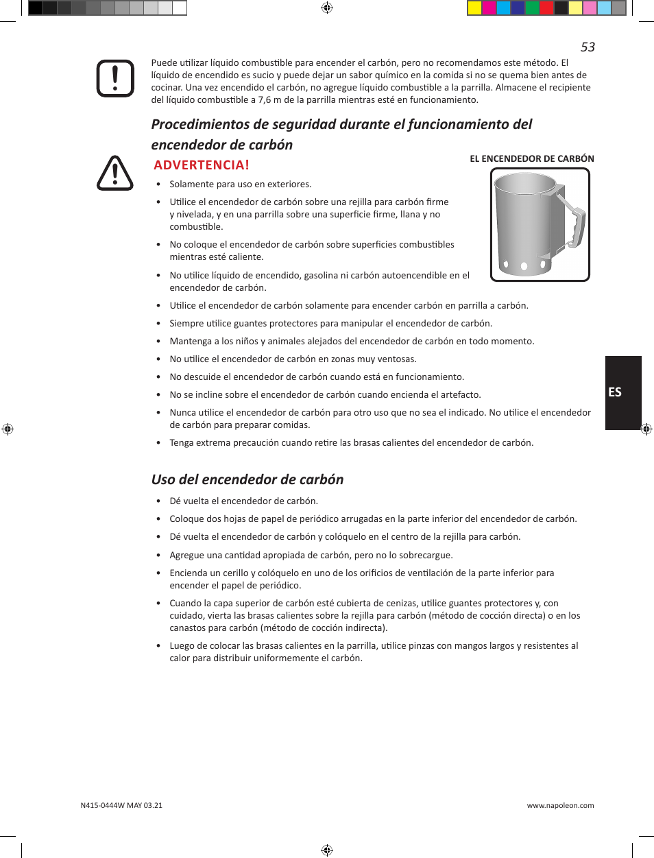 Uso del encendedor de carbón, 53 es, Advertencia | Napoleon 23 Inch Portable Charcoal Kettle Grill Owner's Manual User Manual | Page 53 / 100