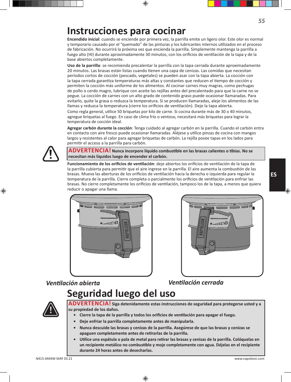 Instrucciones para cocinar, Seguridad luego del uso, Ventilación cerrada | Ventilación abierta, 55 es, Advertencia | Napoleon 23 Inch Portable Charcoal Kettle Grill Owner's Manual User Manual | Page 55 / 100