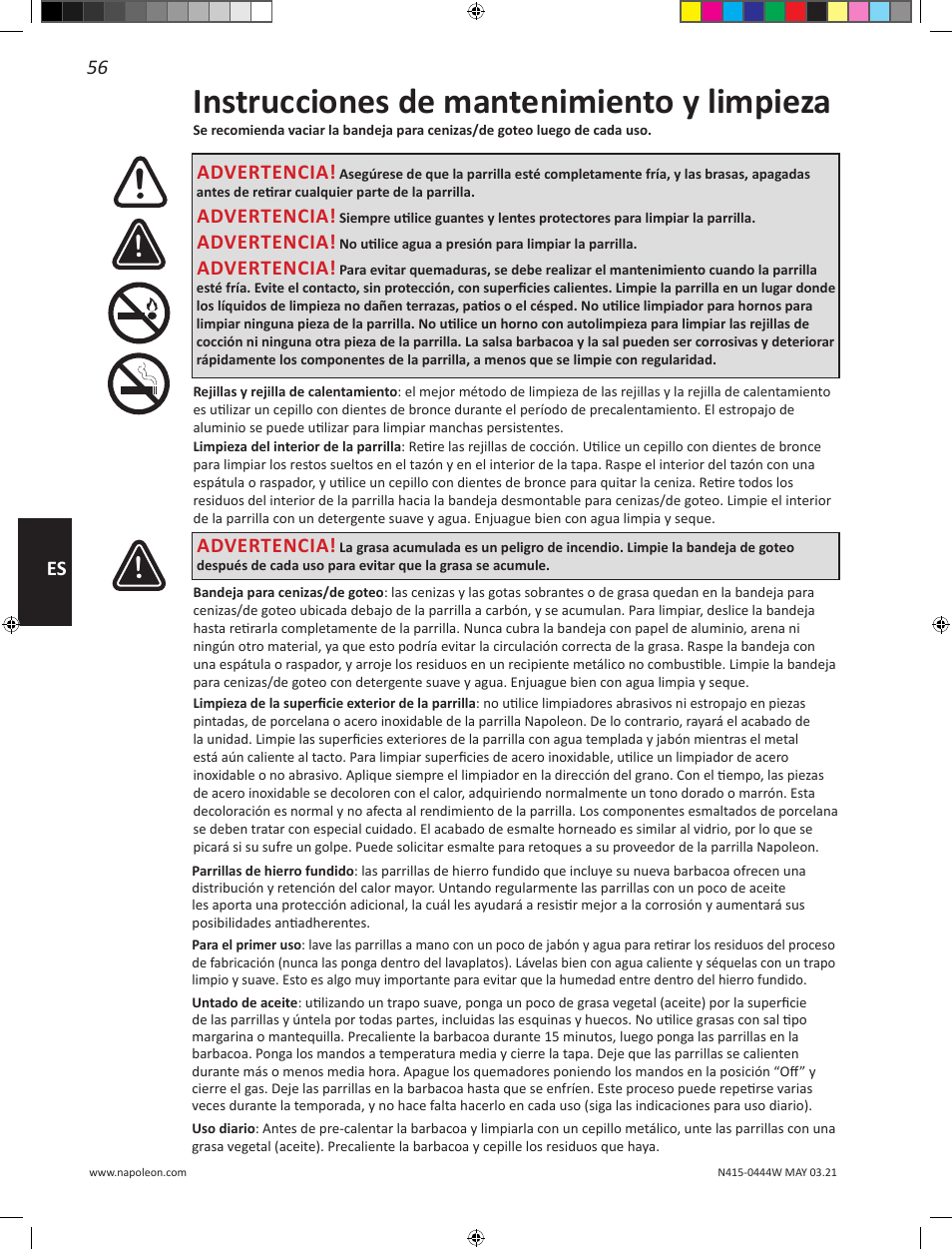 Instrucciones de mantenimiento y limpieza, 56 es, Advertencia | Napoleon 23 Inch Portable Charcoal Kettle Grill Owner's Manual User Manual | Page 56 / 100