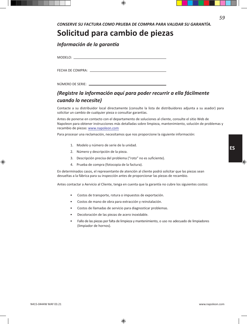 Solicitud para cambio de piezas, 59 es, Información de la garantía | Napoleon 23 Inch Portable Charcoal Kettle Grill Owner's Manual User Manual | Page 59 / 100