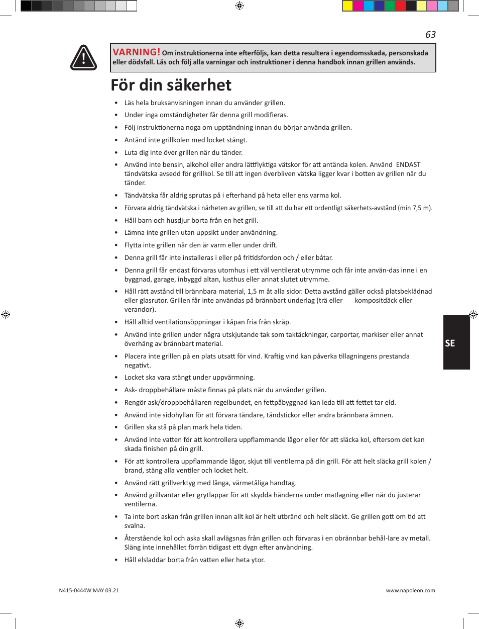 För din säkerhet, 63 se, Varning | Napoleon 23 Inch Portable Charcoal Kettle Grill Owner's Manual User Manual | Page 63 / 100