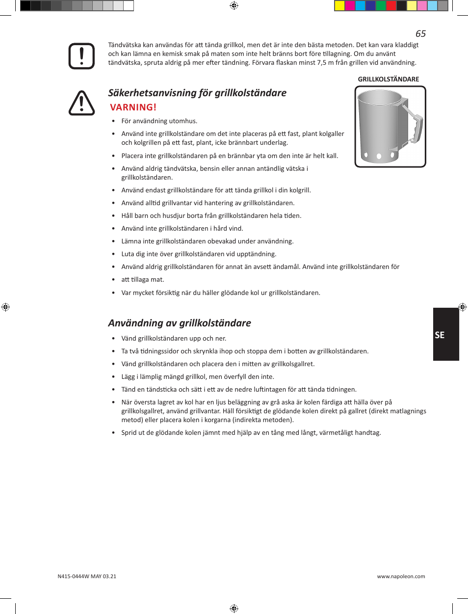 Säkerhetsanvisning för grillkolständare, Användning av grillkolständare, 65 se | Varning | Napoleon 23 Inch Portable Charcoal Kettle Grill Owner's Manual User Manual | Page 65 / 100