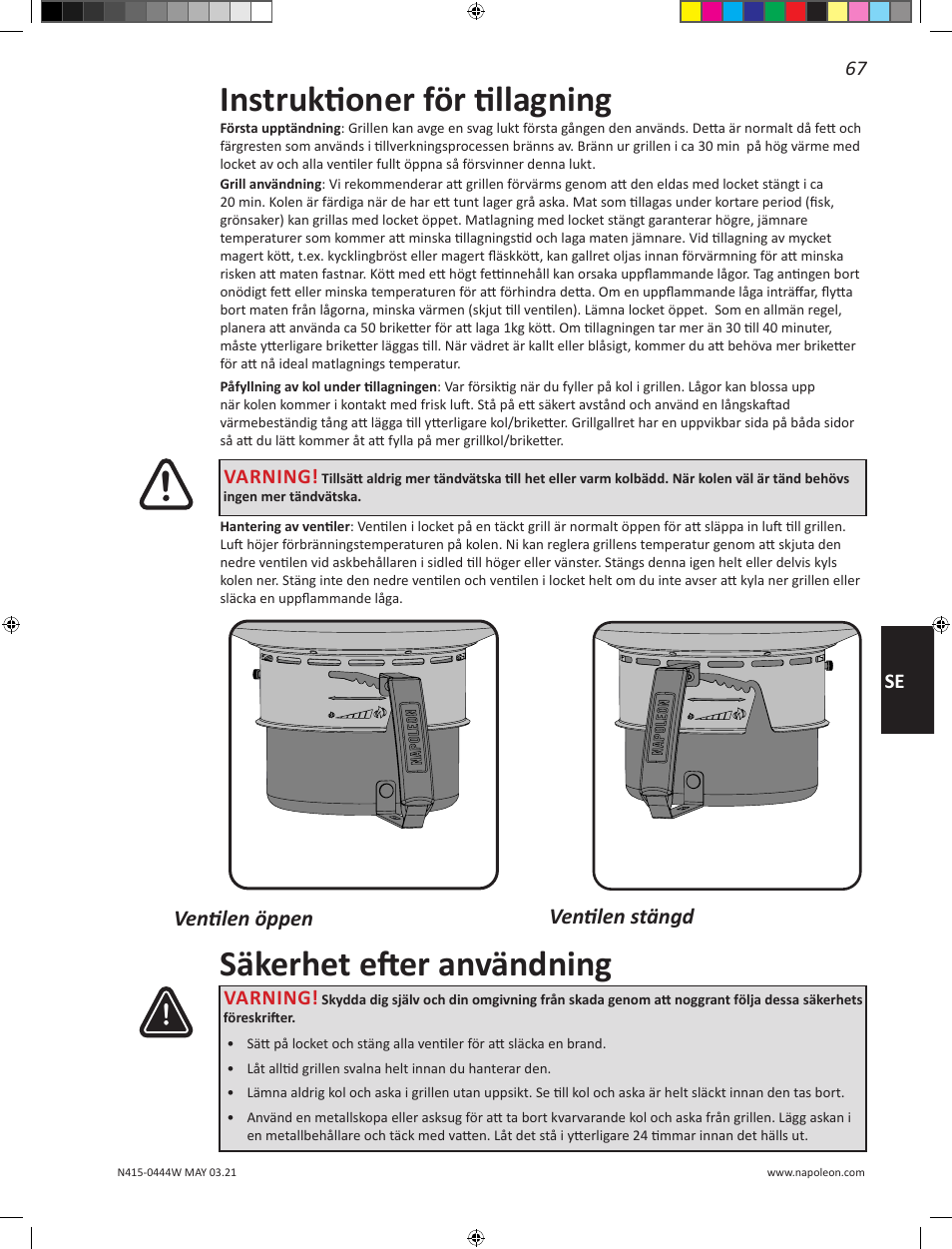 Instruktioner för tillagning, Säkerhet efter användning, Ventilen öppen ventilen stängd | 67 se, Varning | Napoleon 23 Inch Portable Charcoal Kettle Grill Owner's Manual User Manual | Page 67 / 100