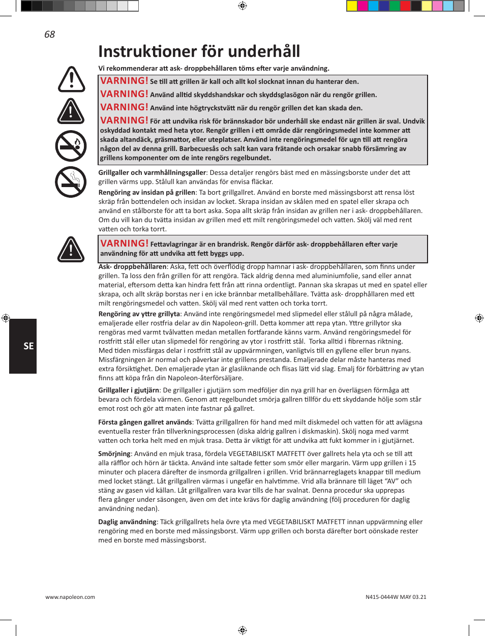 Instruktioner för underhåll, 68 se, Varning | Napoleon 23 Inch Portable Charcoal Kettle Grill Owner's Manual User Manual | Page 68 / 100