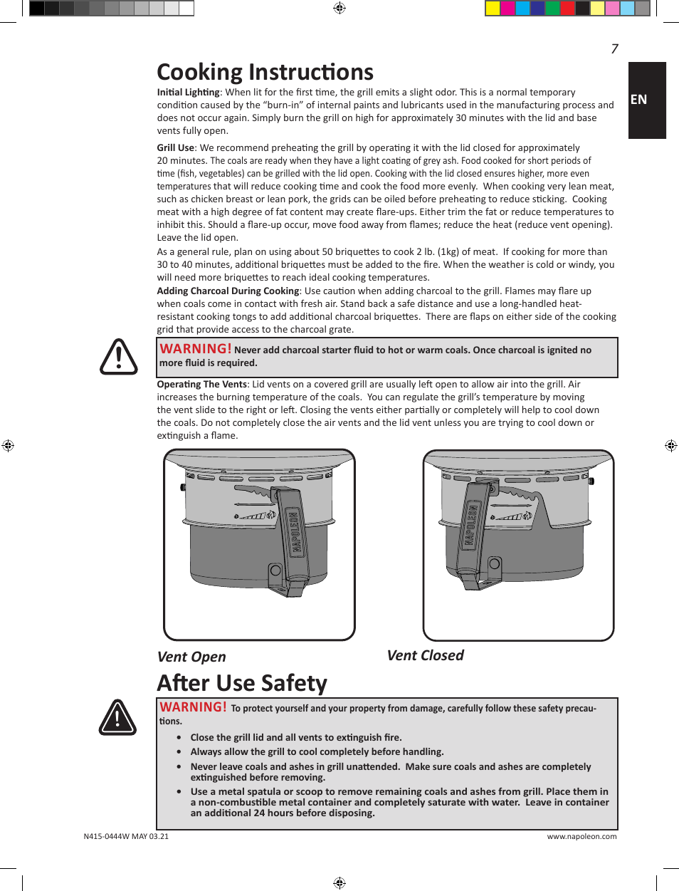 Cooking instructions, After use safety, Vent open vent closed | Warning | Napoleon 23 Inch Portable Charcoal Kettle Grill Owner's Manual User Manual | Page 7 / 100