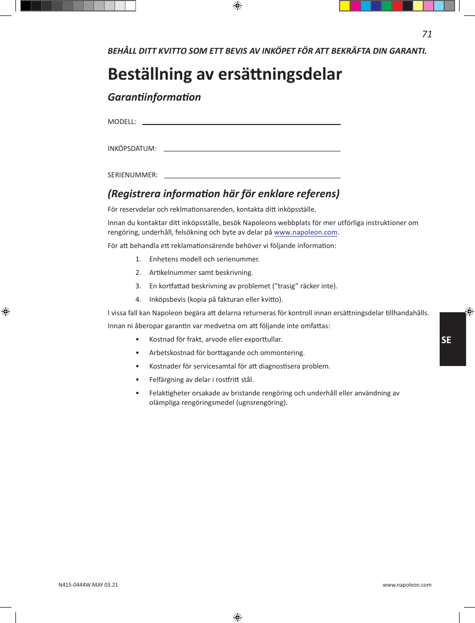 Beställning av ersättningsdelar, Garantiinformation, Registrera information här för enklare referens) | 71 se | Napoleon 23 Inch Portable Charcoal Kettle Grill Owner's Manual User Manual | Page 71 / 100