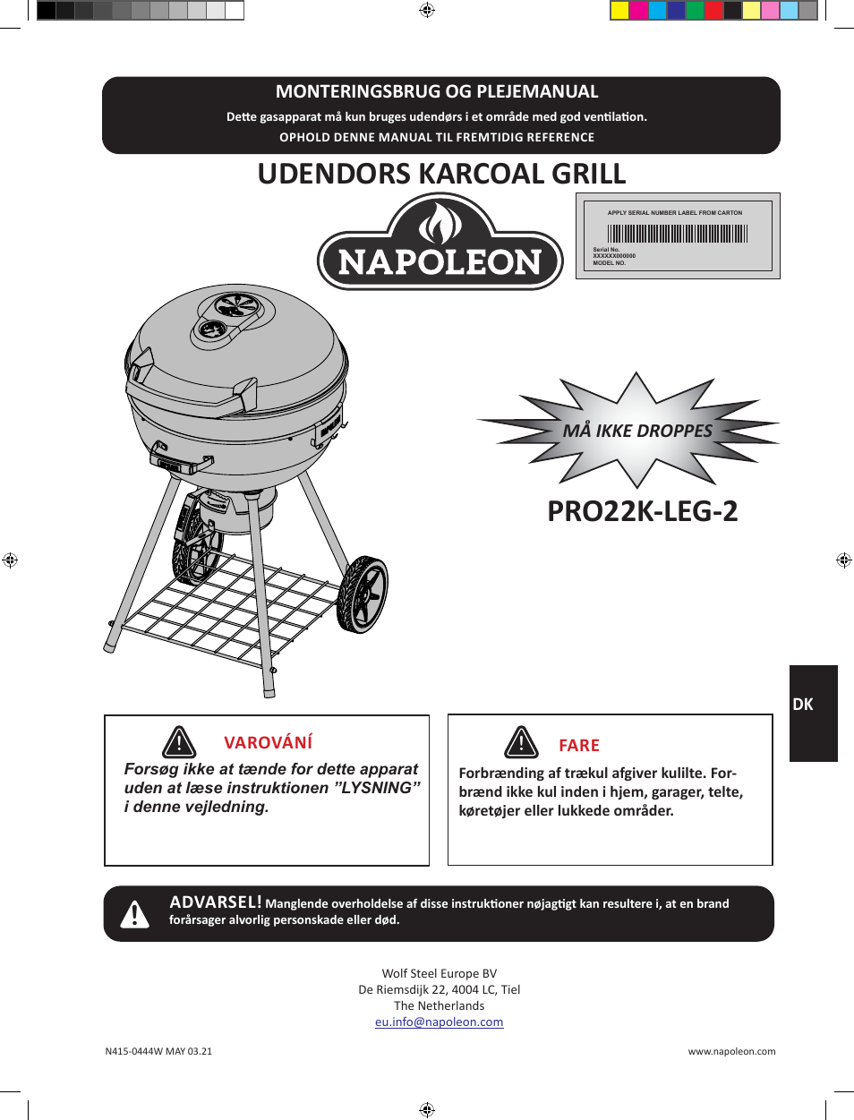 Udendors karcoal grill, Pro22k-leg-2, Monteringsbrug og plejemanual | Napoleon 23 Inch Portable Charcoal Kettle Grill Owner's Manual User Manual | Page 73 / 100