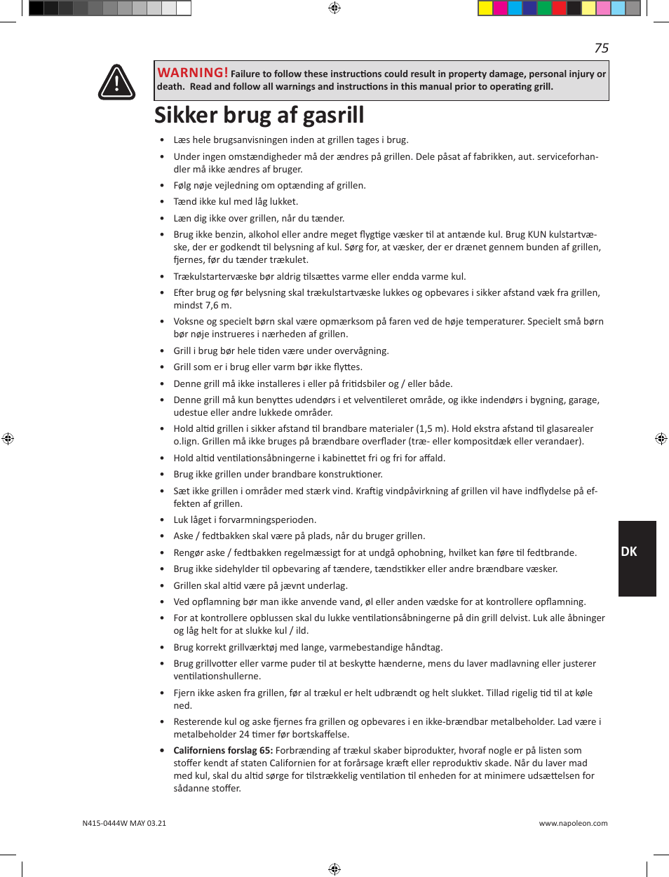 Sikker brug af gasrill, Dk warning | Napoleon 23 Inch Portable Charcoal Kettle Grill Owner's Manual User Manual | Page 75 / 100