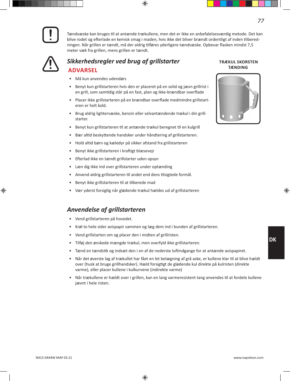Sikkerhedsregler ved brug af grillstarter, Anvendelse af grillstarteren, Advarsel | Napoleon 23 Inch Portable Charcoal Kettle Grill Owner's Manual User Manual | Page 77 / 100
