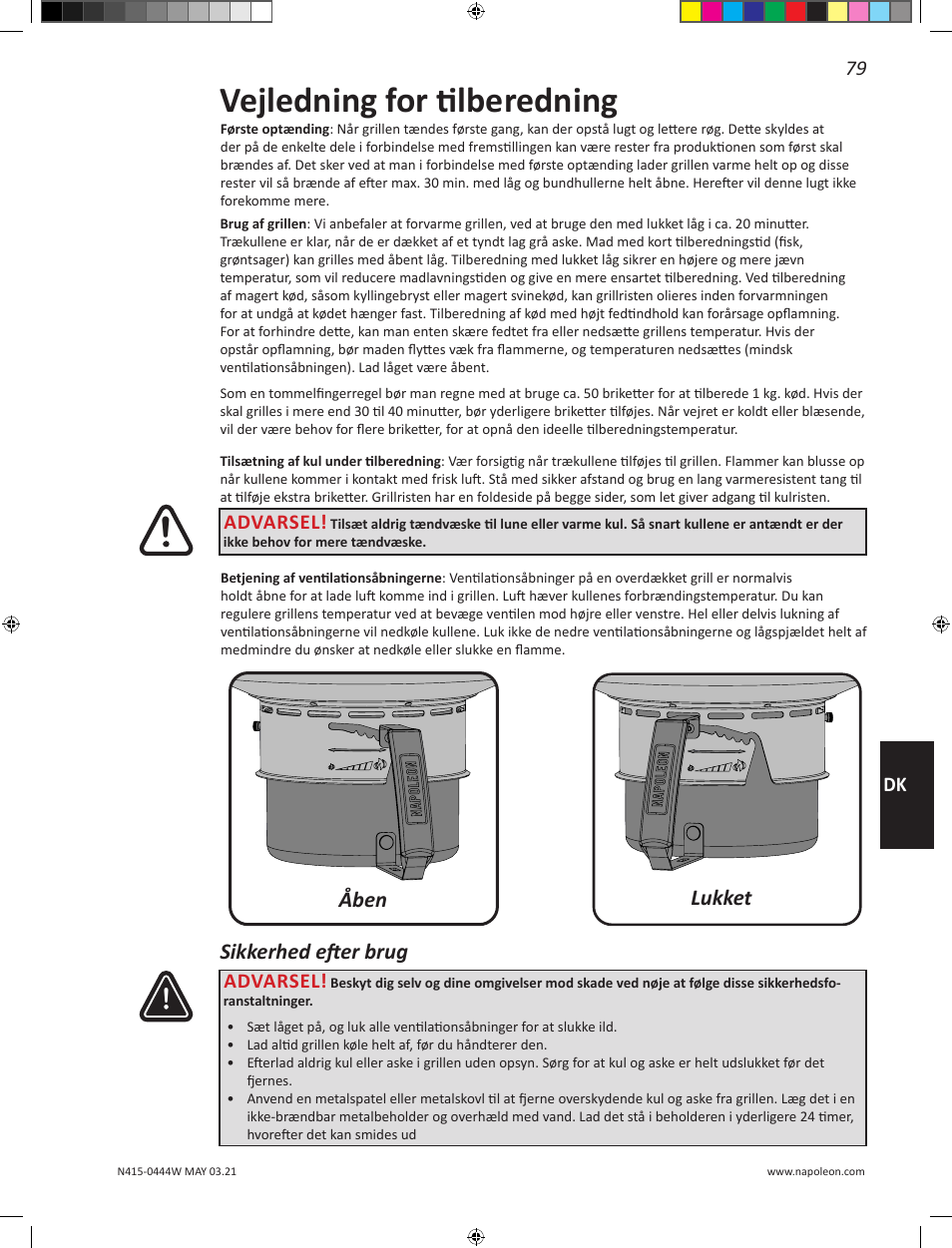 Vejledning for tilberedning, Sikkerhed efter brug, Åben lukket | Advarsel | Napoleon 23 Inch Portable Charcoal Kettle Grill Owner's Manual User Manual | Page 79 / 100