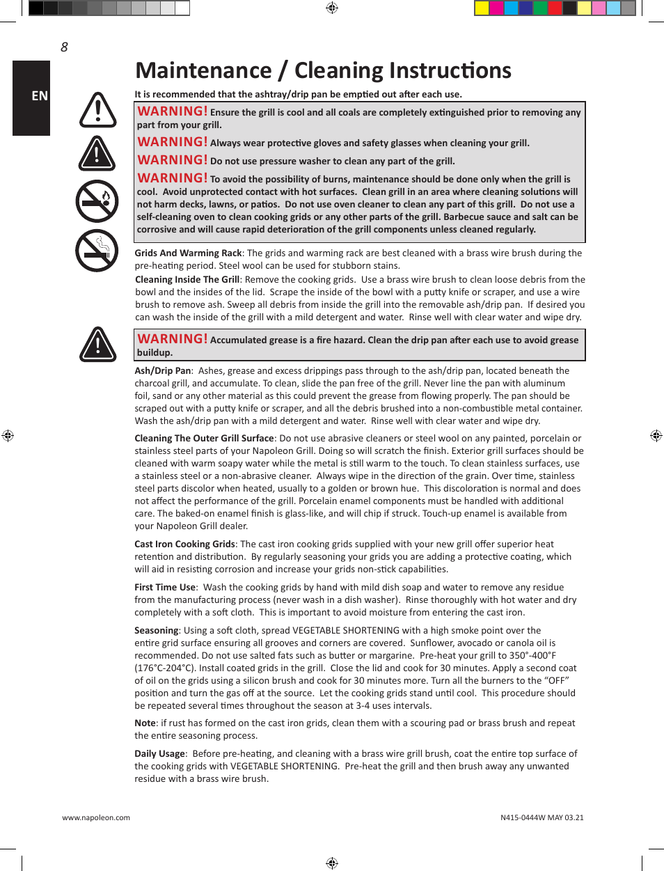 Maintenance / cleaning instructions, Warning | Napoleon 23 Inch Portable Charcoal Kettle Grill Owner's Manual User Manual | Page 8 / 100