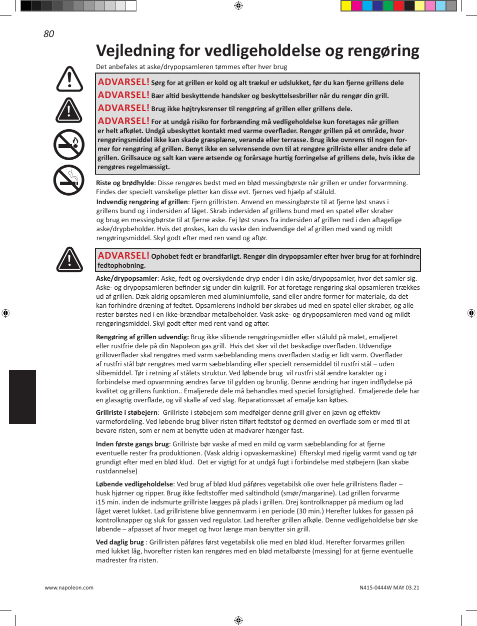 Vejledning for vedligeholdelse og rengøring, Advarsel | Napoleon 23 Inch Portable Charcoal Kettle Grill Owner's Manual User Manual | Page 80 / 100