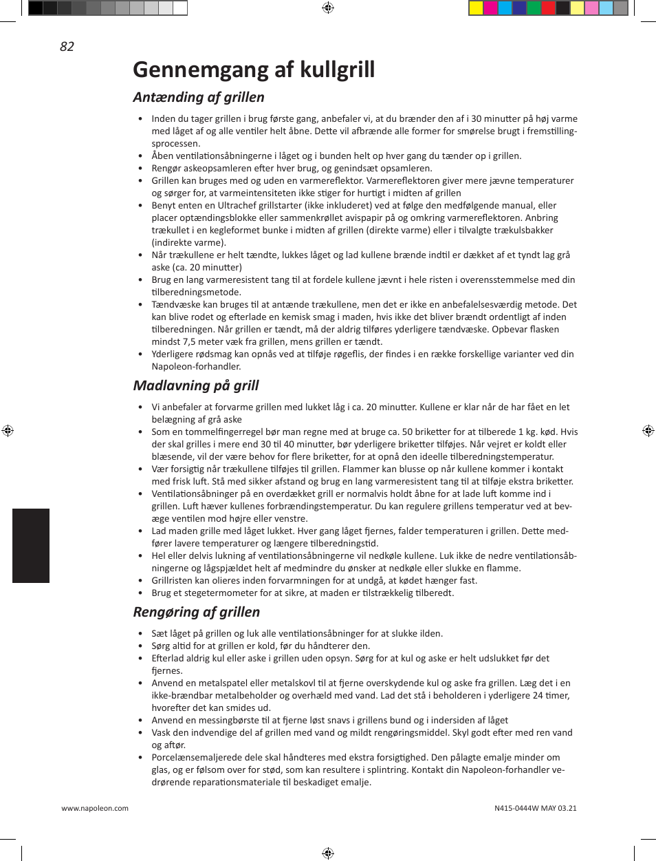 Gennemgang af kullgrill, Antænding af grillen, Madlavning på grill | Rengøring af grillen | Napoleon 23 Inch Portable Charcoal Kettle Grill Owner's Manual User Manual | Page 82 / 100