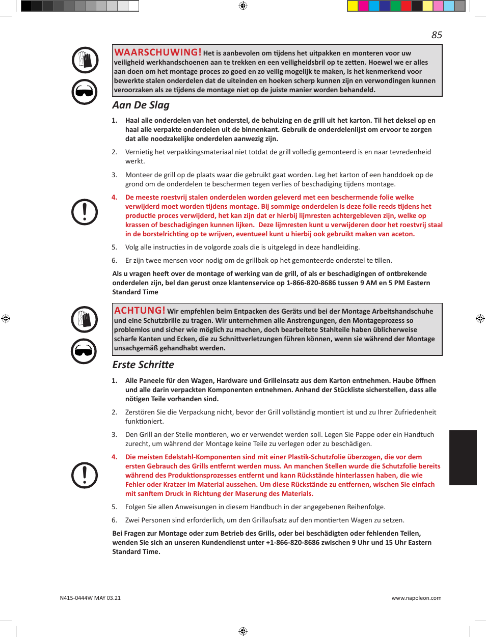 Aan de slag, Erste schritte, Waarschuwing | Achtung | Napoleon 23 Inch Portable Charcoal Kettle Grill Owner's Manual User Manual | Page 85 / 100