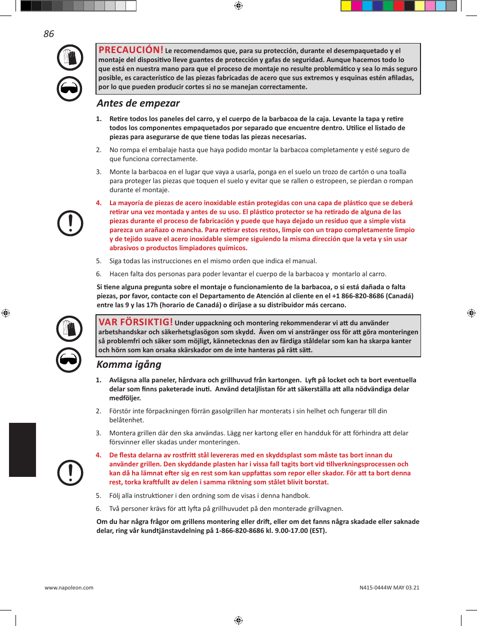 Antes de empezar, Komma igång, Precaución | Var försiktig | Napoleon 23 Inch Portable Charcoal Kettle Grill Owner's Manual User Manual | Page 86 / 100