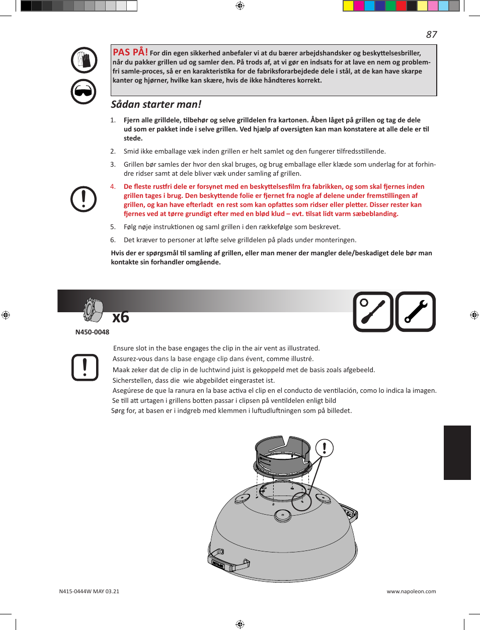 Sådan starter man, Pas på | Napoleon 23 Inch Portable Charcoal Kettle Grill Owner's Manual User Manual | Page 87 / 100