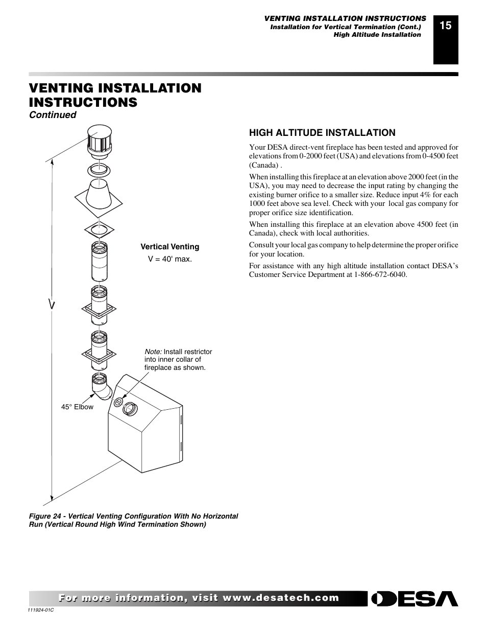 Venting installation instructions | Desa (V)K36EN User Manual | Page 15 / 38