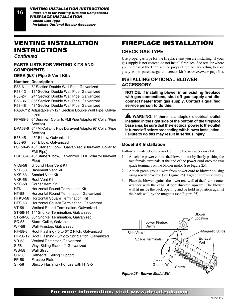 Venting installation instructions, Fireplace installation, Continued | Desa (V)K36EN User Manual | Page 16 / 38