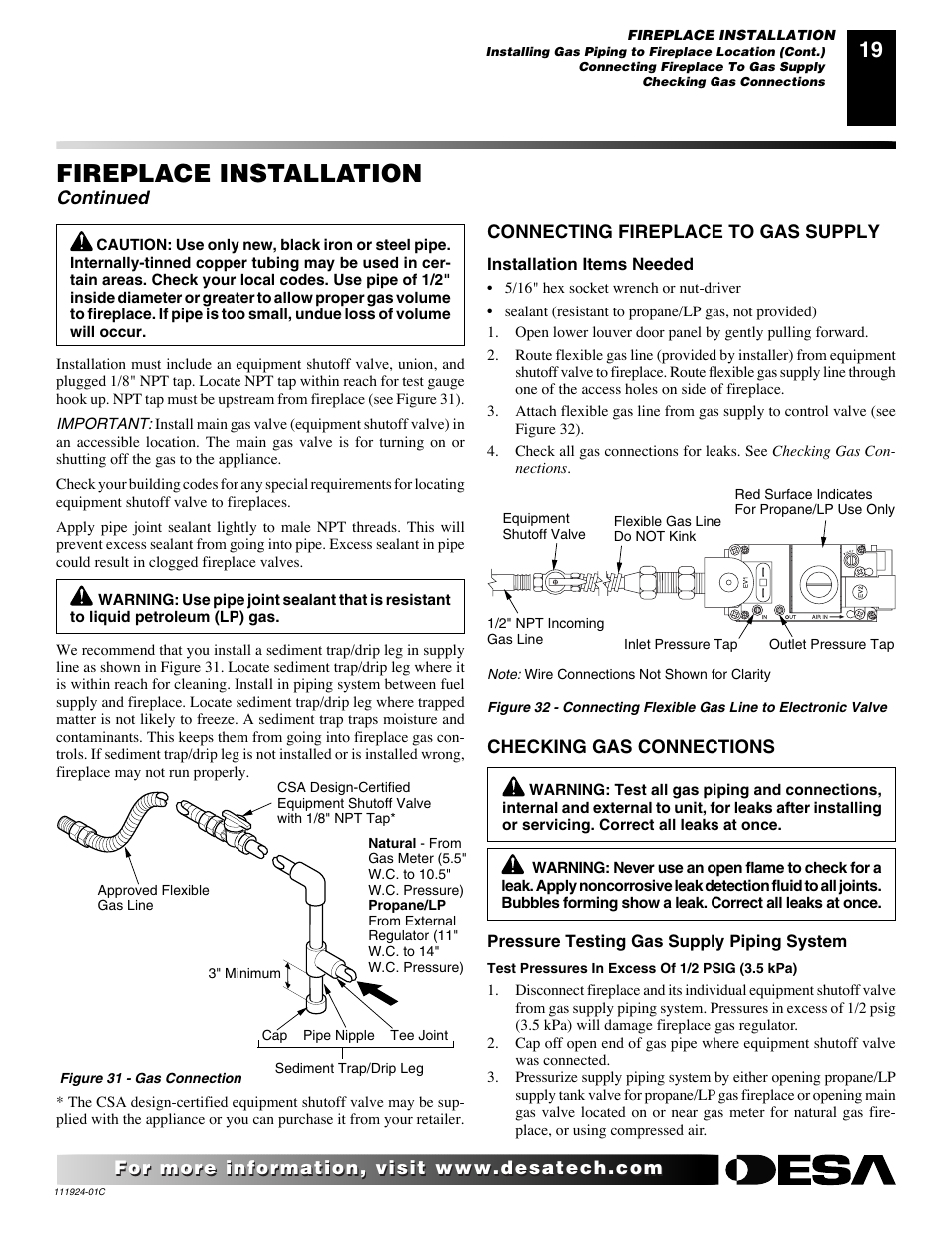 Fireplace installation, Continued | Desa (V)K36EN User Manual | Page 19 / 38