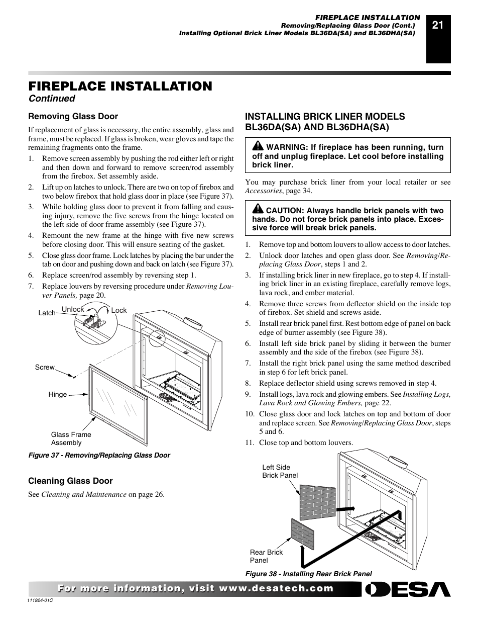 Fireplace installation, Continued | Desa (V)K36EN User Manual | Page 21 / 38