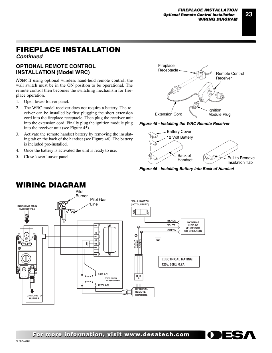Fireplace installation, Wiring diagram, Continued | Optional remote control installation (model wrc) | Desa (V)K36EN User Manual | Page 23 / 38