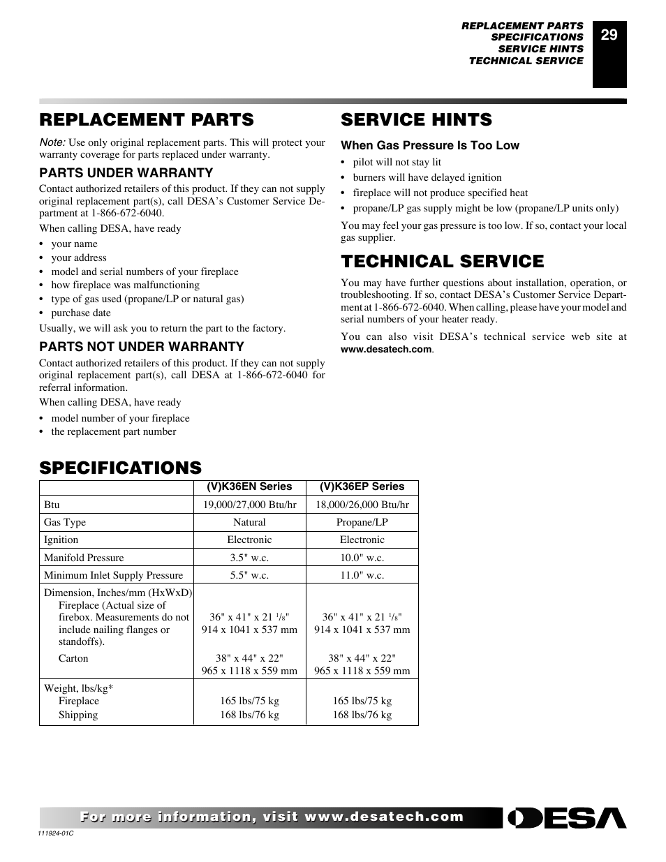 Specifications, Service hints, Technical service | Replacement parts | Desa (V)K36EN User Manual | Page 29 / 38